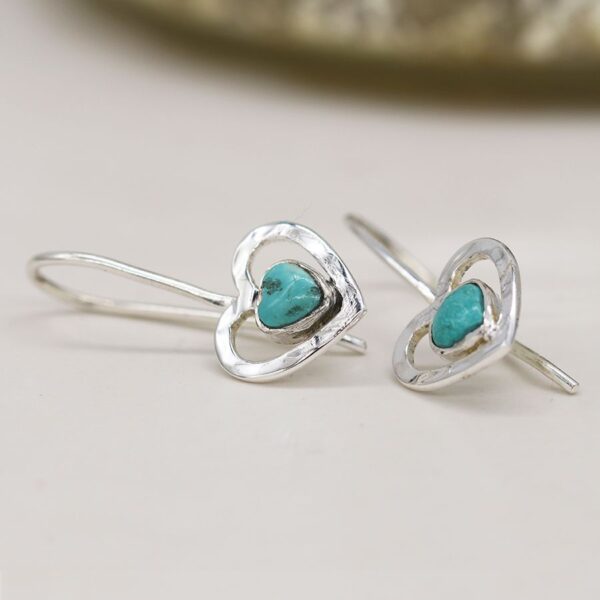 Turquoise hammered sterling silver heart earrings Wildwood Cornwall