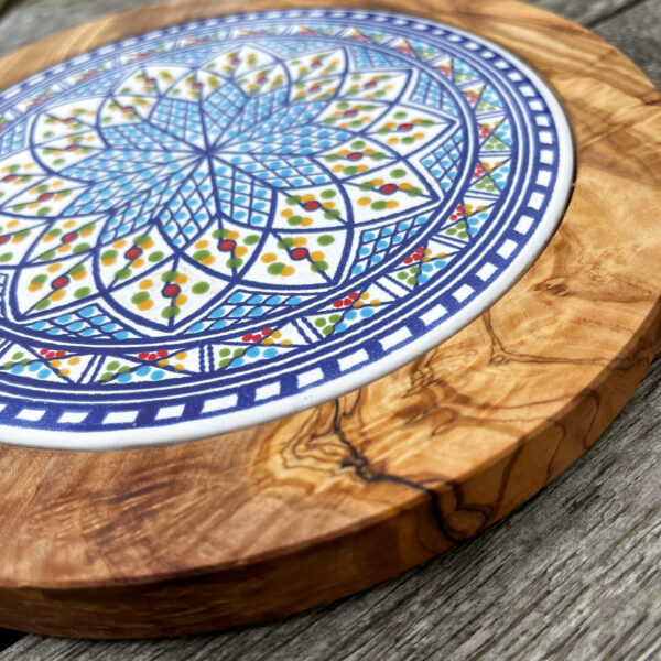 Blue mandala ceramic olive wood trivet Wildwood Cornwall