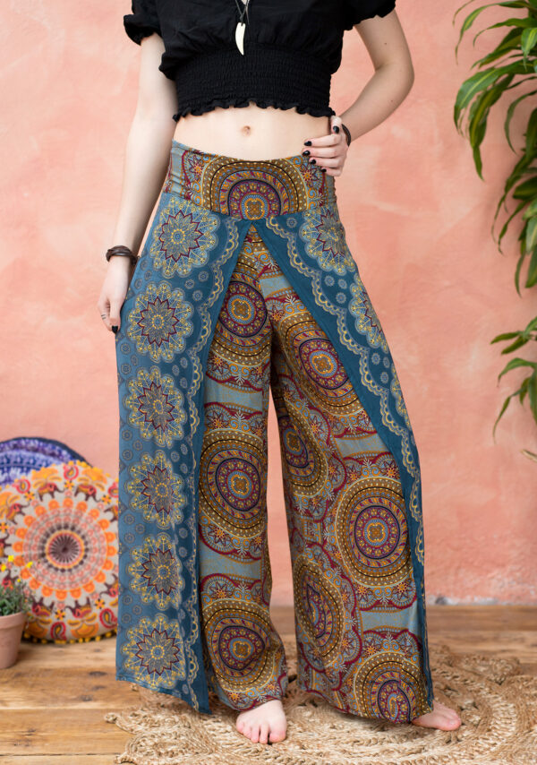 Grey mandala wide leg trousers fair trade Wildwood Cornwall Bude