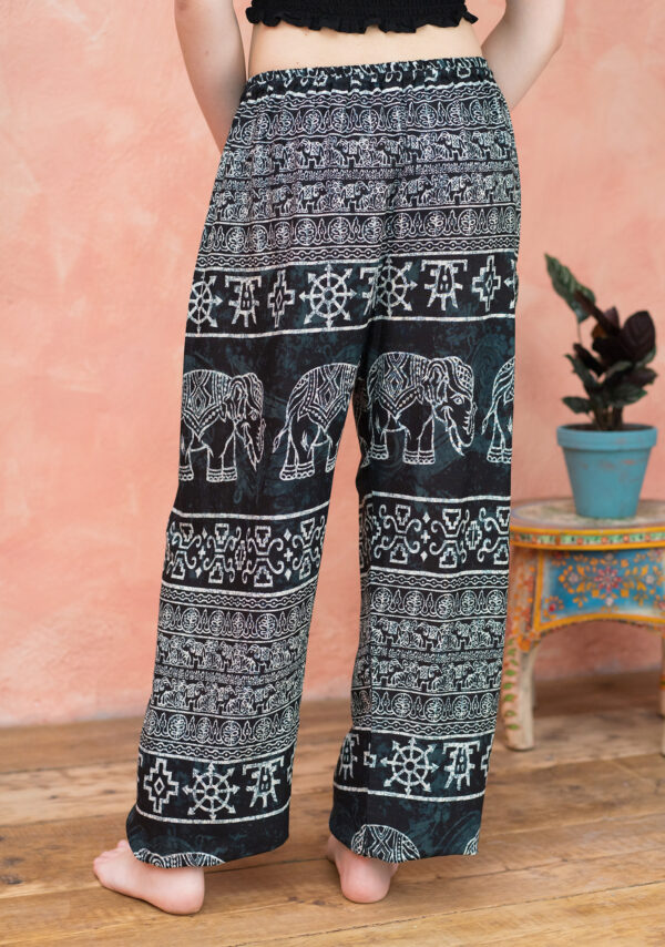 black elephant print harem trousers Wildwood Cornwall fair trade
