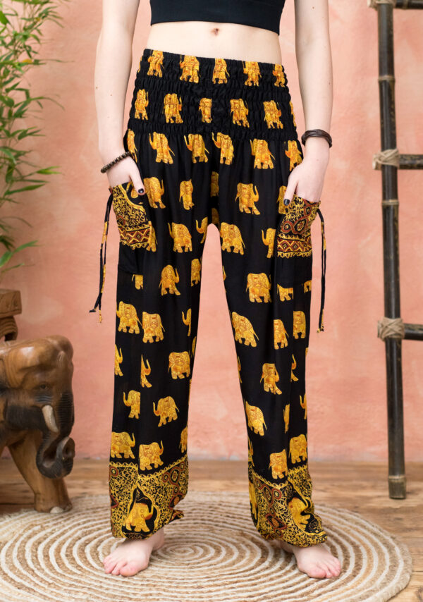 black gold indian elephant trousers fair trade