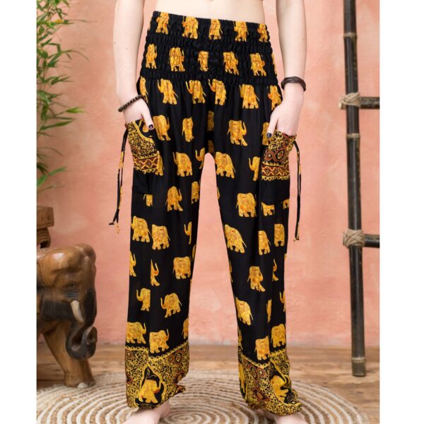 black gold print elephant fair trade pants