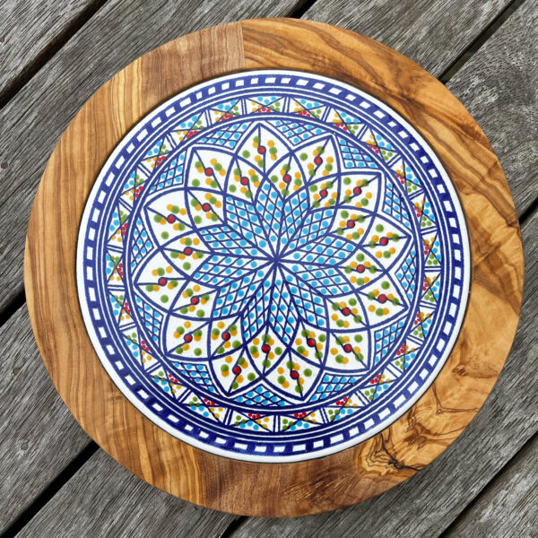 blue ceramic olive wood trivet