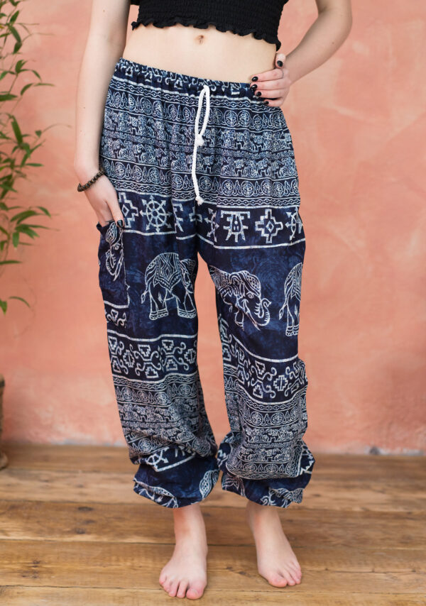 blue elephant print harem pants fair trade wildwood cornwall