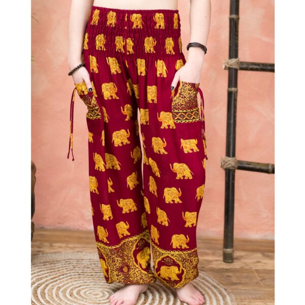 dark red maroon gold elephant print pants trousers