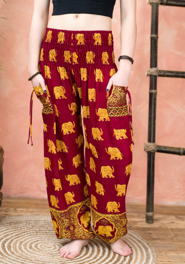 dark red maroon gold elephant trousers