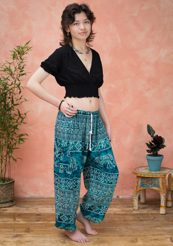 fair trade mud dye elephant print harem trousers