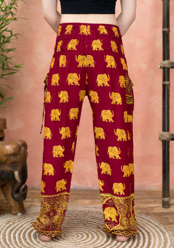 gold dark red elephant trousers fair trade wildwood cornwall