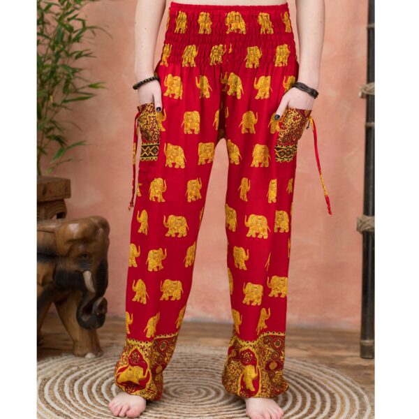 red and gold print elephant harem fair trade pants Wildwood Cornwall