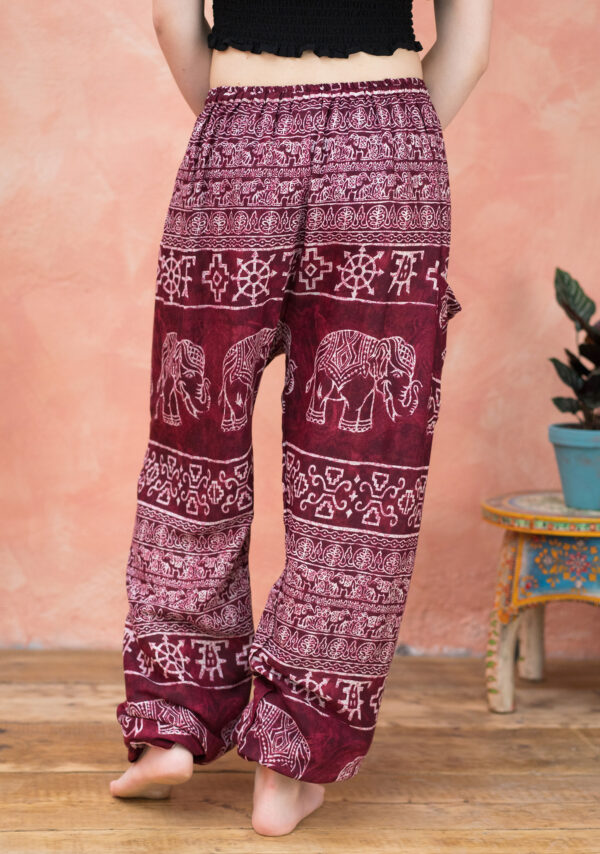red fair trade elephant print trousers Wildwood Cornwall