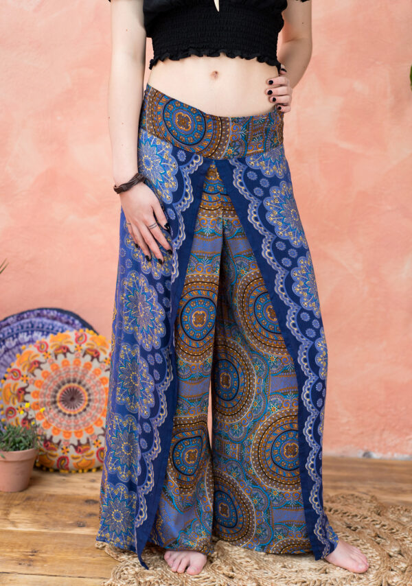 wide leg navy blue mandala trousers fair trade Wildwood Cornwall