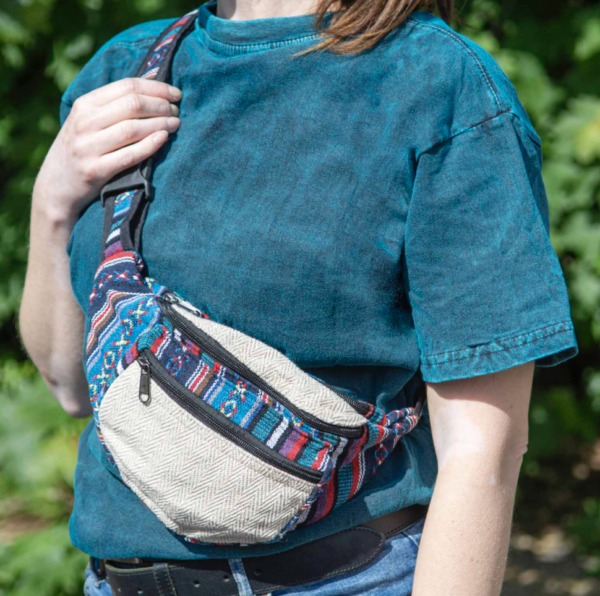 Hemp and Gheri fabric recycled bum bag Wildwood Cornwall fair trade