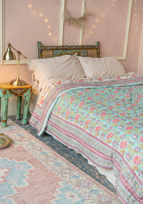 Keya pastel blue and pink block print quilt fair trade Wildwood Cornwall