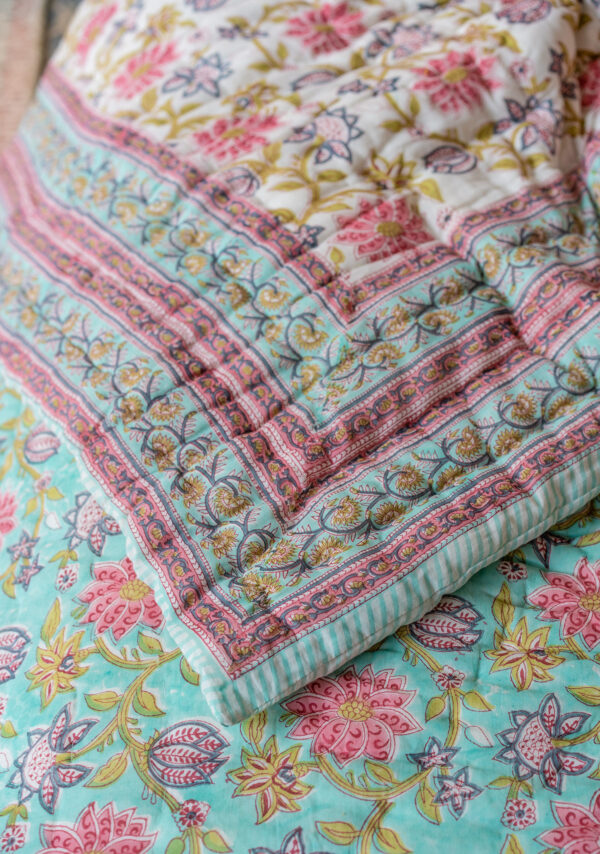 Pastel pink and blue reversible quilt indian Wildwood Cornwall Bude