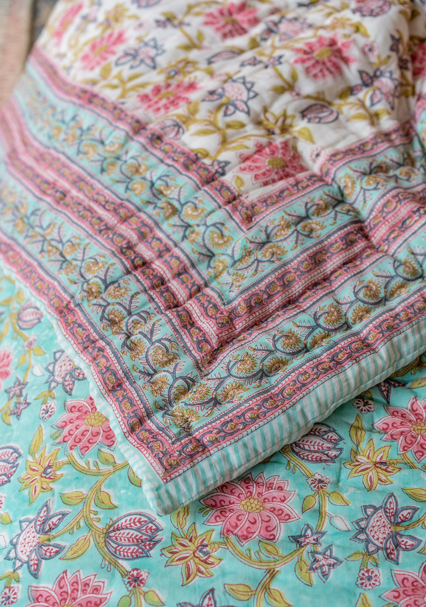 Keya pastel block print reversible quilt - Wildwood, Bude