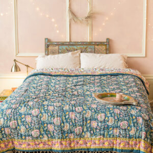 rich blues and pink floral quilt Wildwood Cornwall Bude
