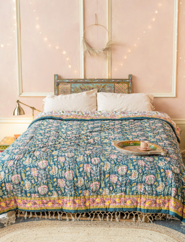 rich blues and pink floral quilt Wildwood Cornwall Bude