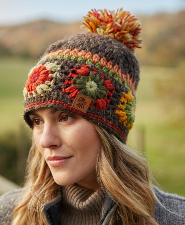 pachamama woodstock floral wool beanie bobble hat Wildwood Cornwall