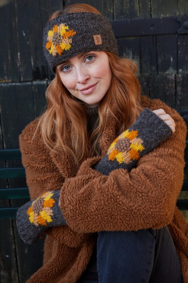 sunflower wool pachamama beanie hat and hand warmers Wildwood cornwall