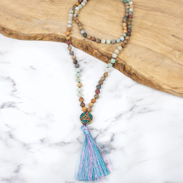 Connection purple pink tassel mala bead necklace wildwood Cornwall