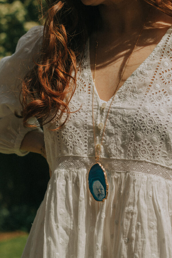 Gold and blue agate crystal long necklace Wildwood Cornwall