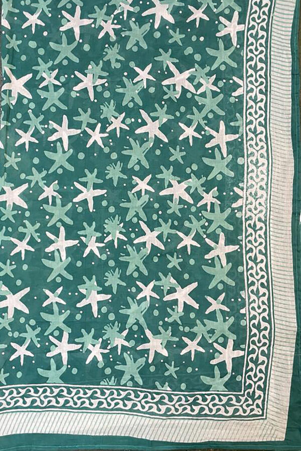 Green starfish block printed teal sarong Pachamama