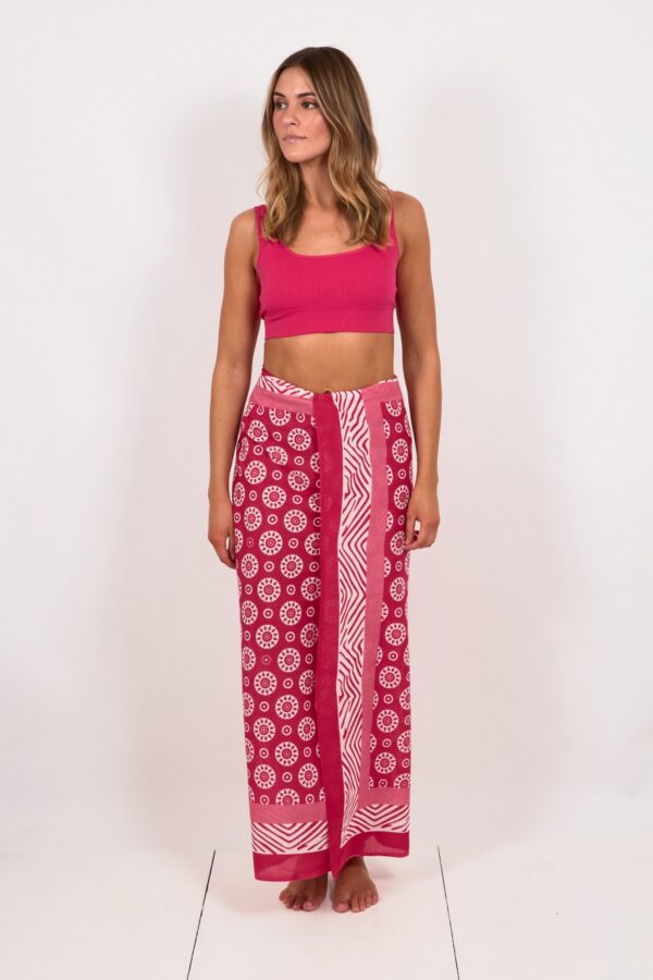 Pachamama pink hand printed sarong Wildwood Cornwall