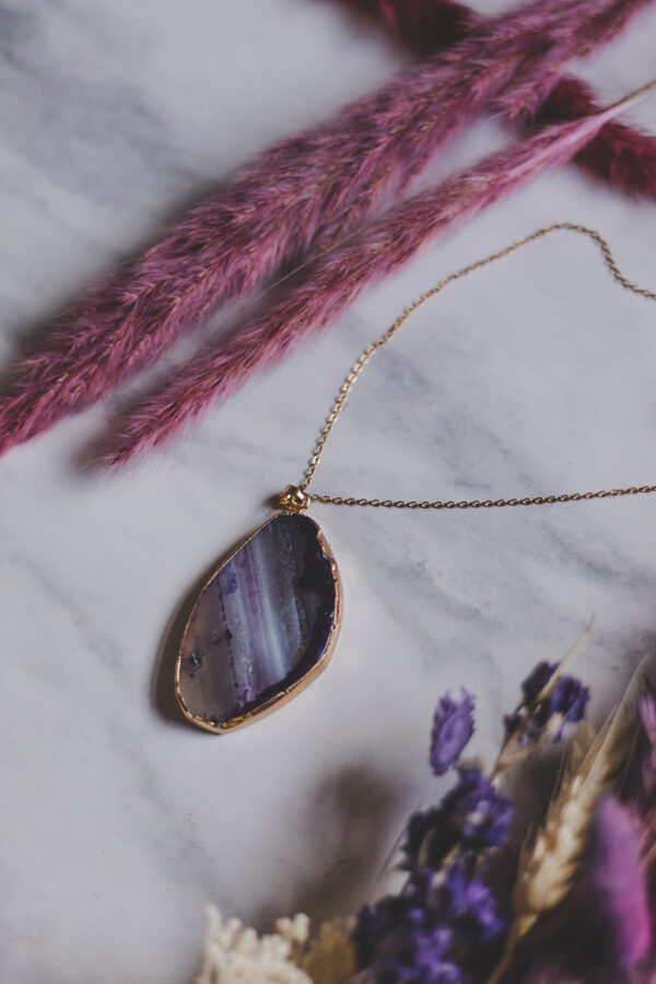 Purple agate slice necklace pendant gold Wildwood Cornwall