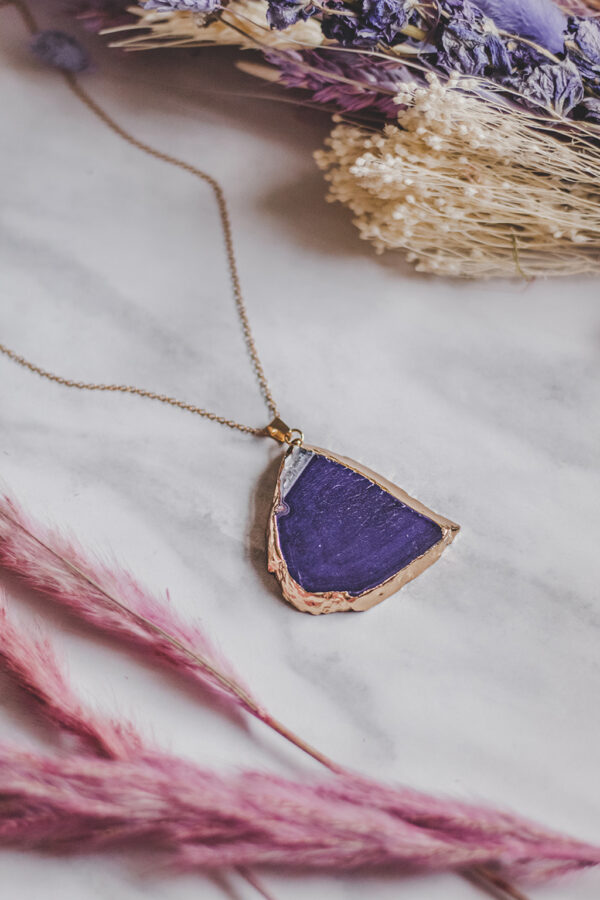 purple agate slice gold necklace pendant Wildwood Cornwall