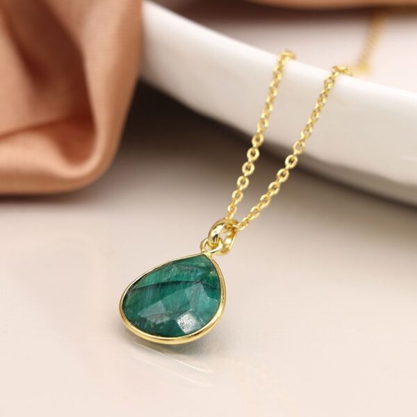 Gold and emerald teardrop necklace Wildwood cornwall