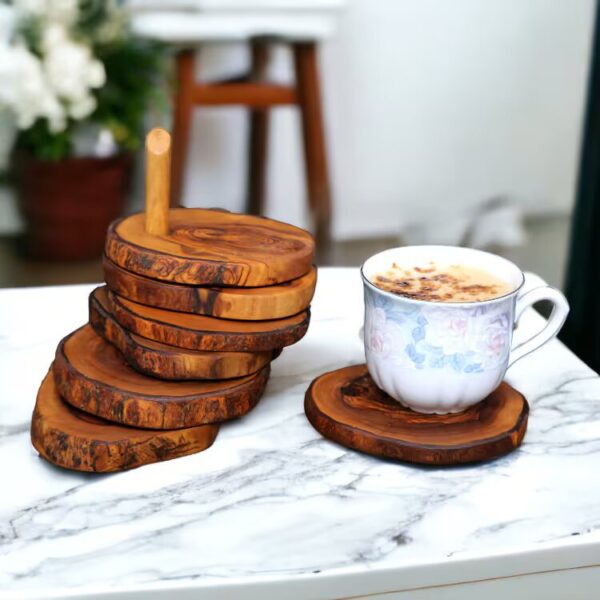 Olive wood rustic coaster set on stand Wildwood Cornwall