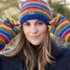 Rainbow pachamama bobble hat and fingerless gloves Wildwood cornwall