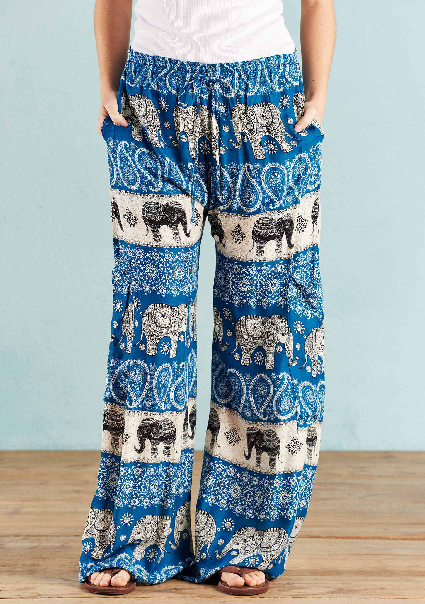 blue elephant print trousers wildwood cornwall
