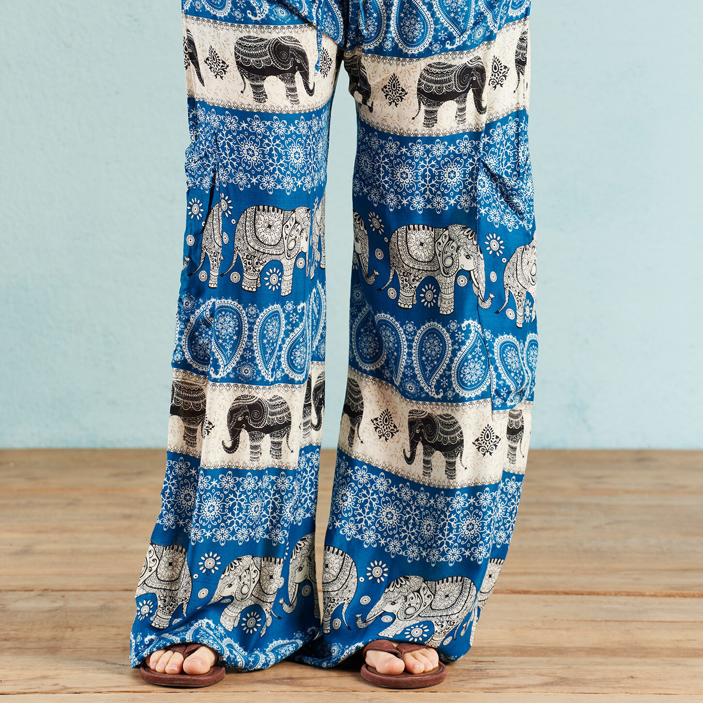 blue elephant print trousers wildwood cornwall