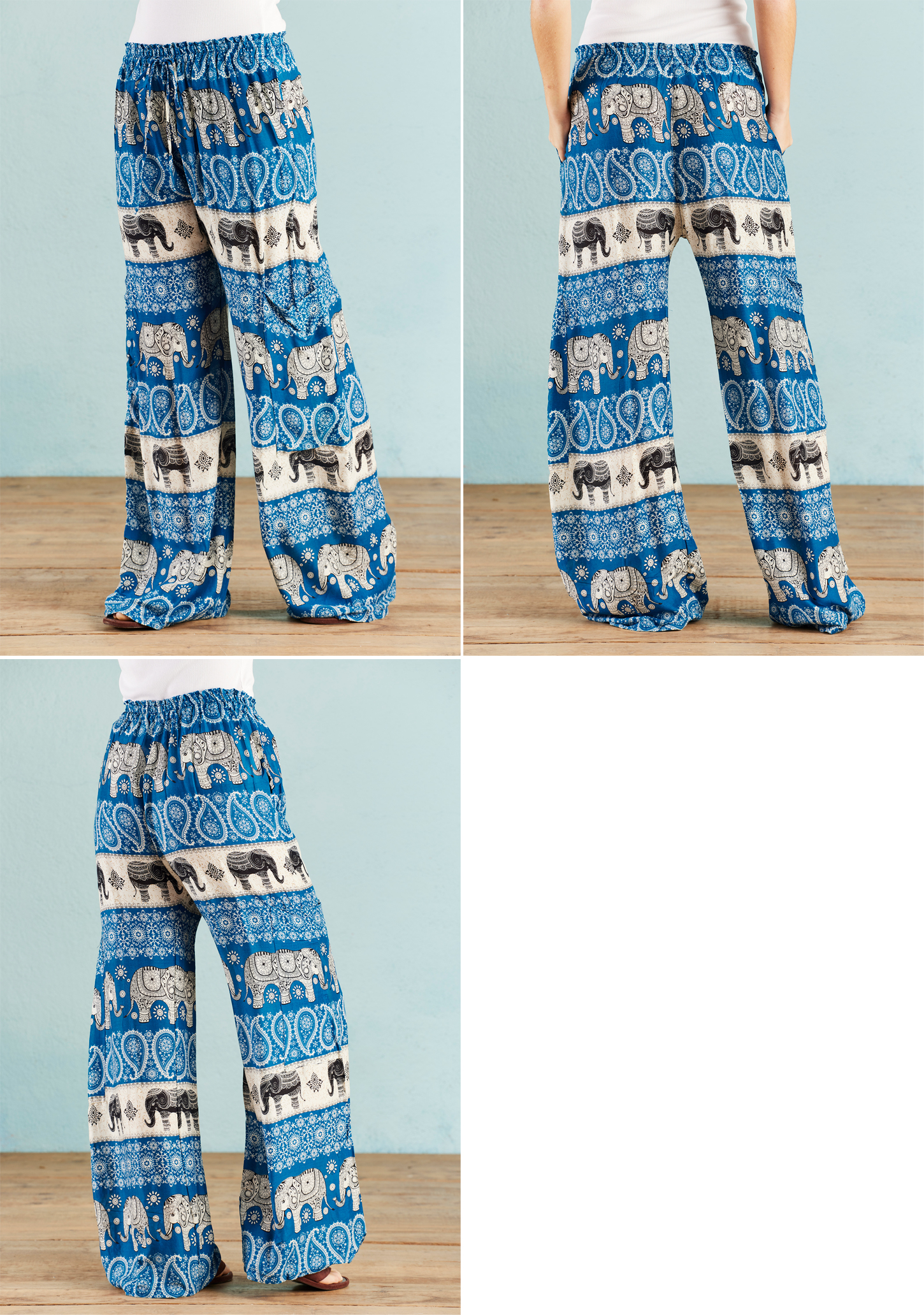 blue thai elephant print trousers wildwood cornwall
