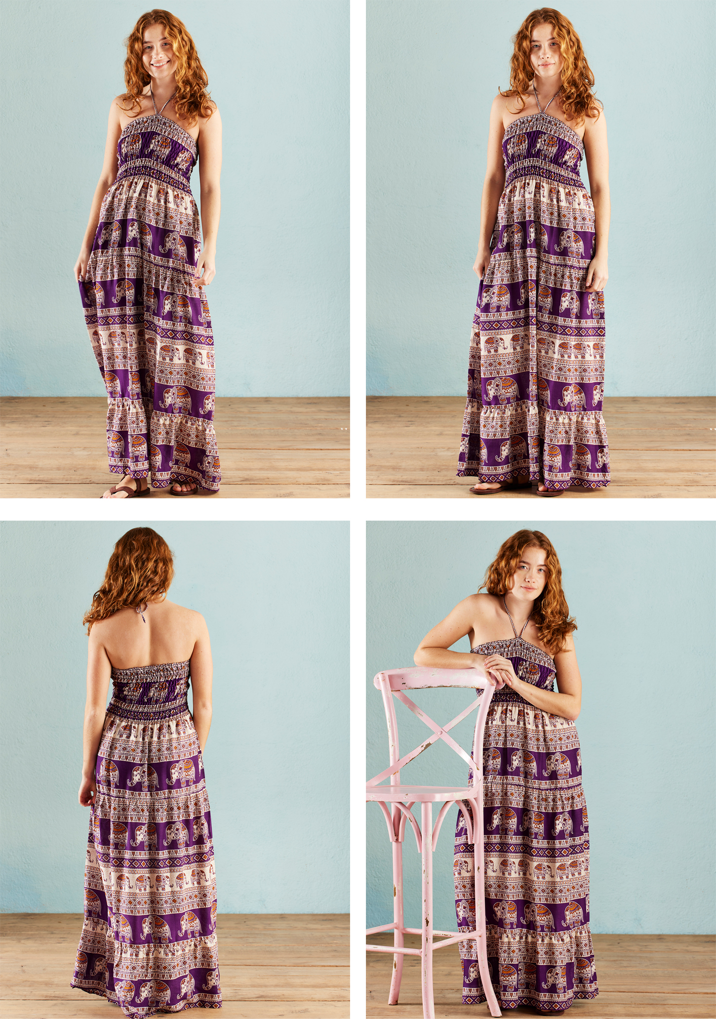 purple elephant print halter neck dress wildwood cornwall