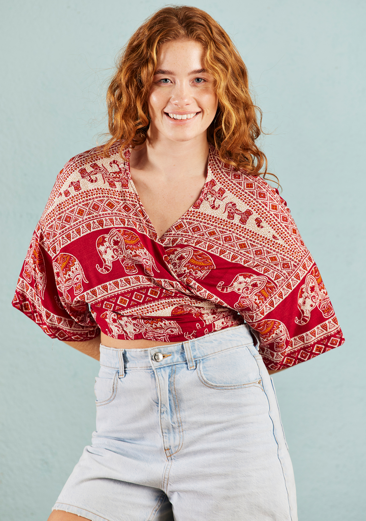 red tie wrap crop top elephant print wildwood cornwall